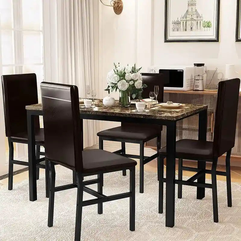 Mieres 5 Pieces Faux Marble Dining Table Set with 4 Upholstered PU Leather Chairs