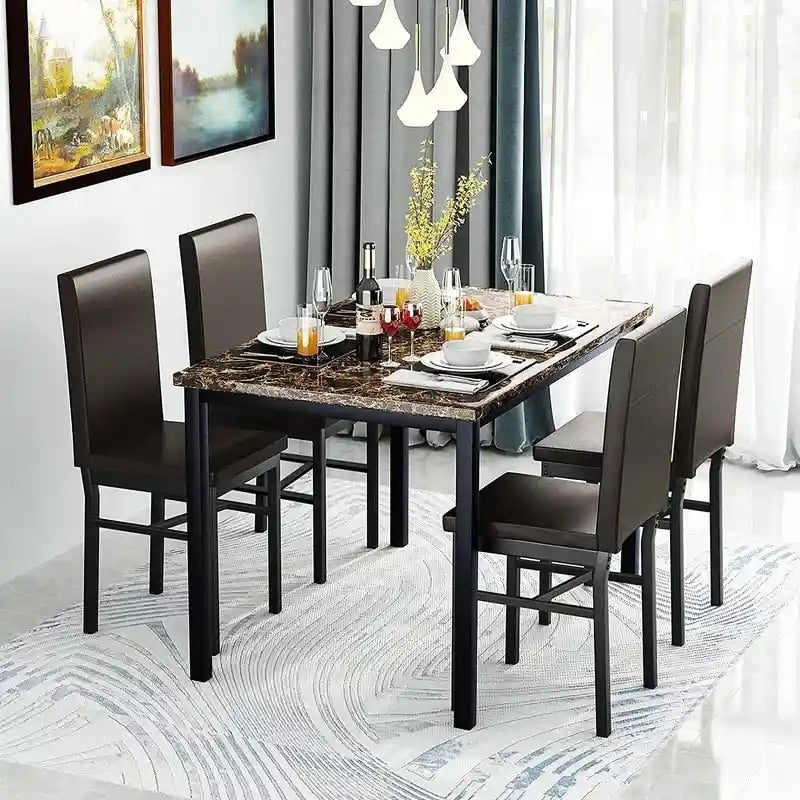 Mieres 5 Pieces Faux Marble Dining Table Set with 4 Upholstered PU Leather Chairs