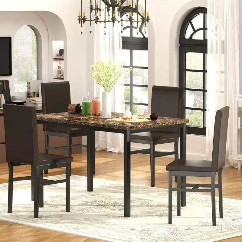 Mieres 5 Pieces Faux Marble Dining Table Set with 4 Upholstered PU Leather Chairs