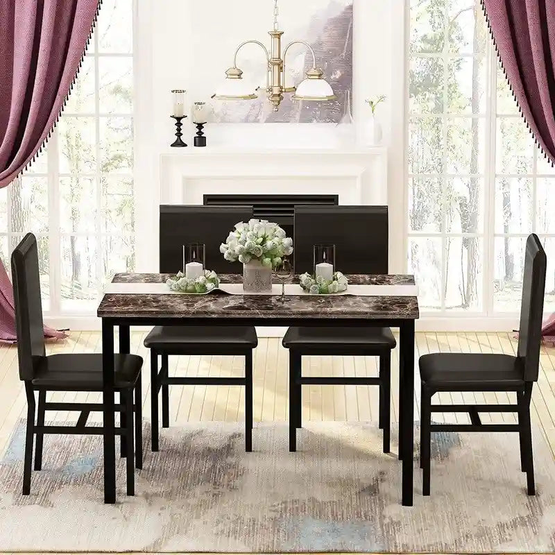 Mieres 5 Pieces Faux Marble Dining Table Set with 4 Upholstered PU Leather Chairs