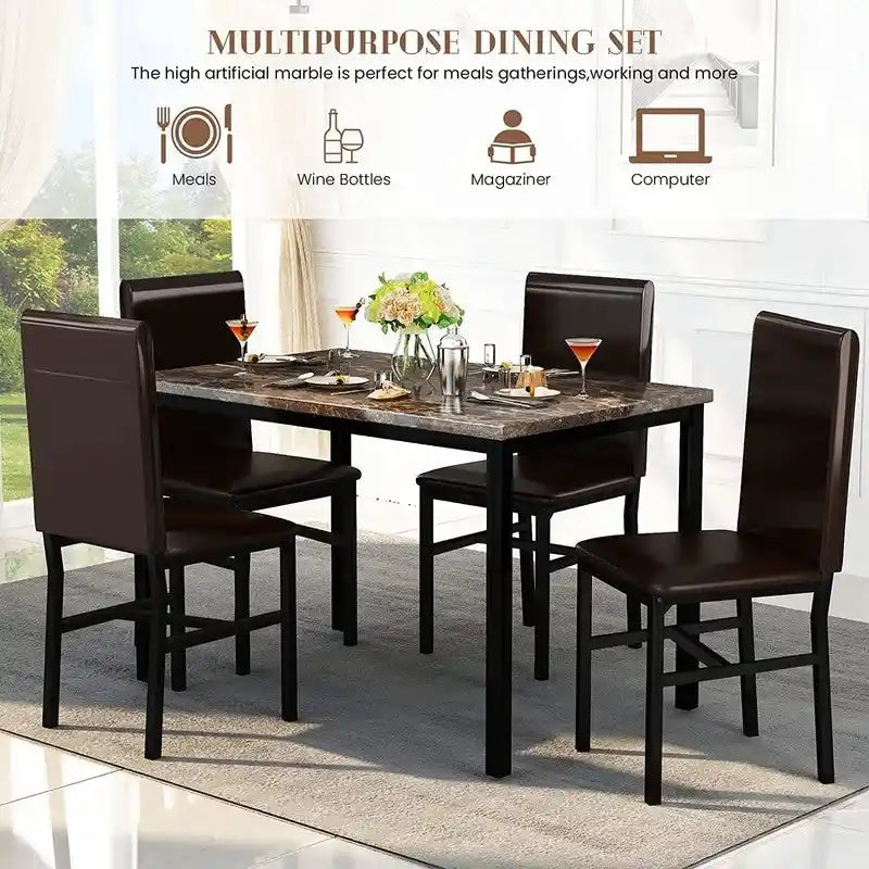 Mieres 5 Pieces Faux Marble Dining Table Set with 4 Upholstered PU Leather Chairs