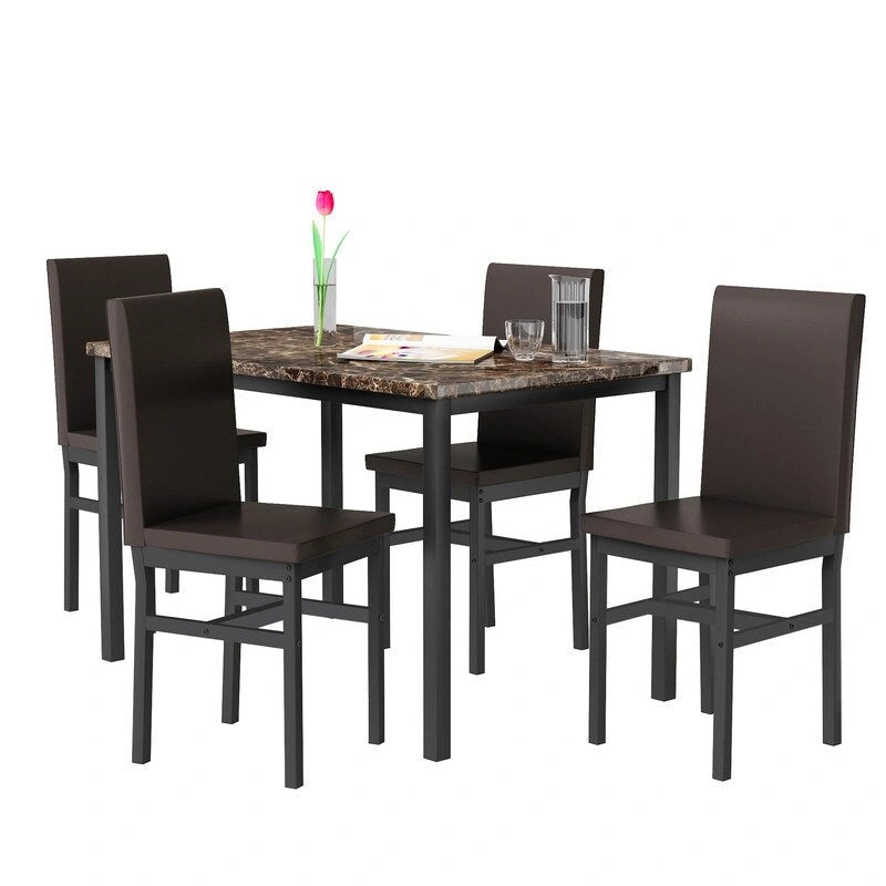 Mieres 5 Pieces Faux Marble Dining Table Set with 4 Upholstered PU Leather Chairs
