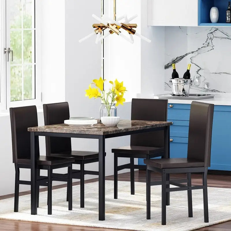 Mieres 5 Pieces Faux Marble Dining Table Set with 4 Upholstered PU Leather Chairs
