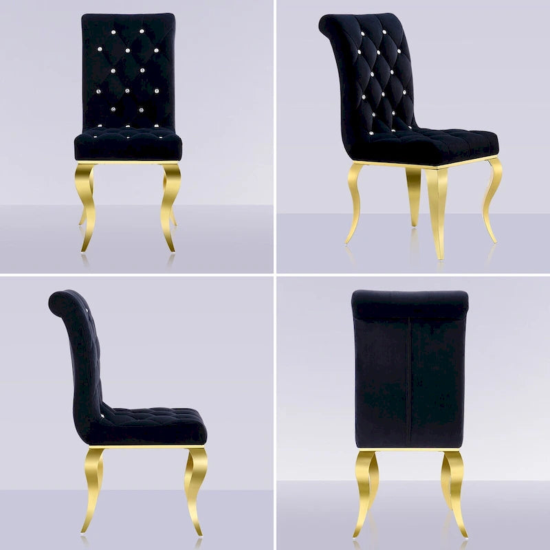 Velvet Upholstered Chairs with Crystal Decor Button Tufted back and Mirror metal Cabriole Legs