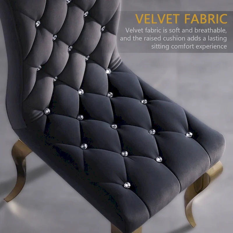 Velvet Upholstered Chairs with Crystal Decor Button Tufted back and Mirror metal Cabriole Legs