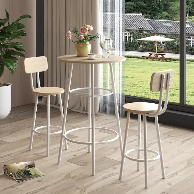 3-Piece Bar Table Set, Round Bar Table with 2 Stools and Storage Shelf- 23.6x36.2 inch