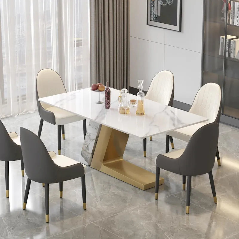Modern Slate Kitchen Dining Table with White Rectangle Sintered Stone Top and Metal Legs -- 63/71/79