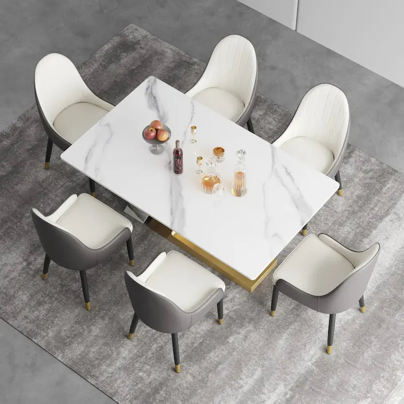 Modern Slate Kitchen Dining Table with White Rectangle Sintered Stone Top and Metal Legs -- 63/71/79