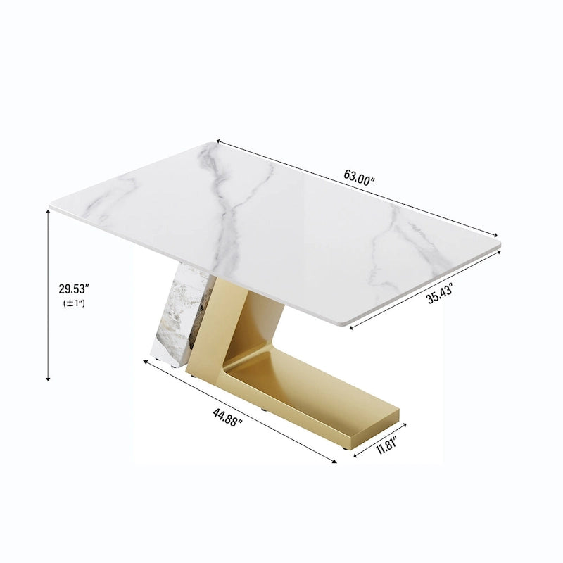 Modern Slate Kitchen Dining Table with White Rectangle Sintered Stone Top and Metal Legs -- 63/71/79