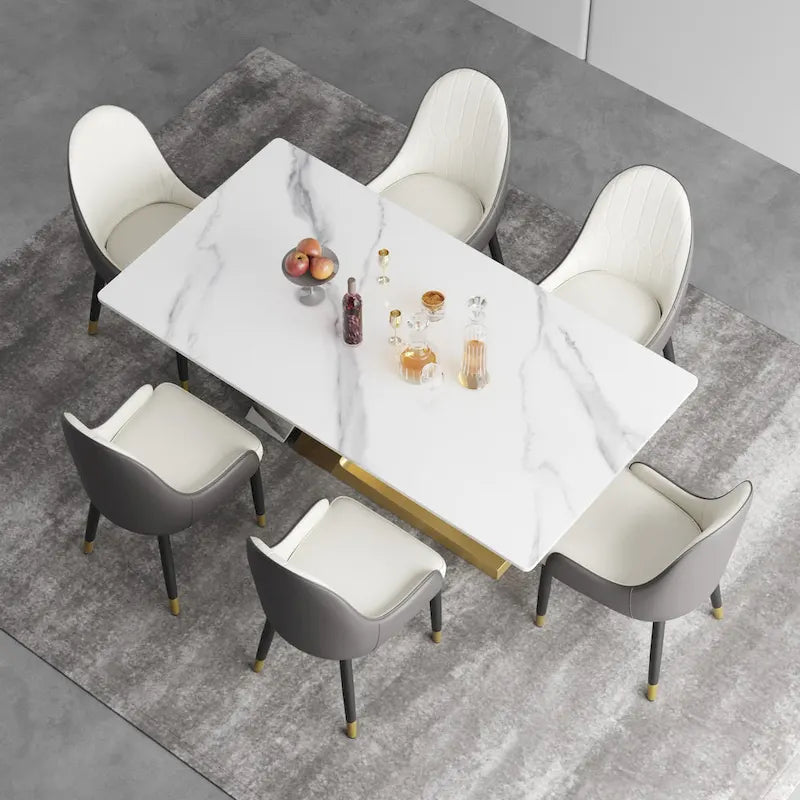 Modern Slate Kitchen Dining Table with White Rectangle Sintered Stone Top and Metal Legs -- 63/71/79