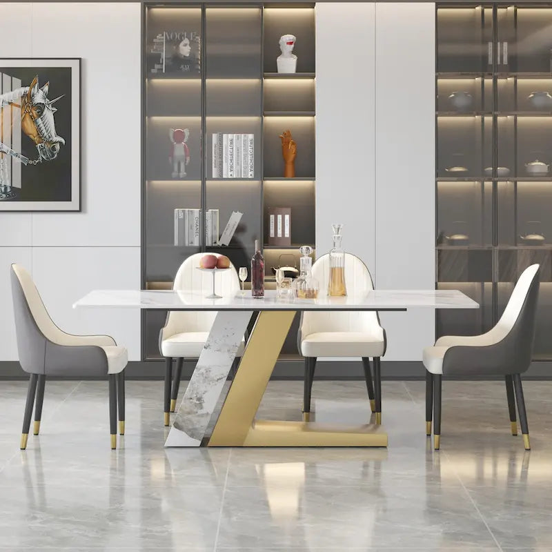Modern Slate Kitchen Dining Table with White Rectangle Sintered Stone Top and Metal Legs -- 63/71/79