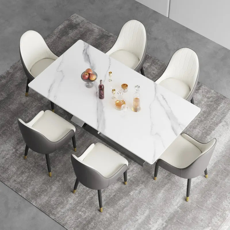Modern Slate Kitchen Dining Table with White Rectangle Sintered Stone Top and Metal Legs -- 63/71/79