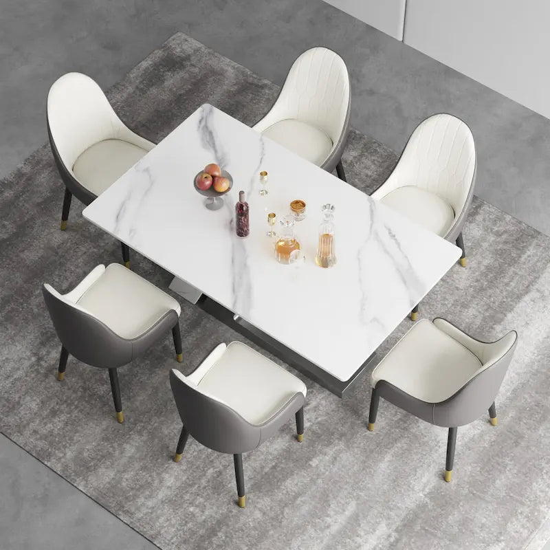Modern Slate Kitchen Dining Table with White Rectangle Sintered Stone Top and Metal Legs -- 63/71/79
