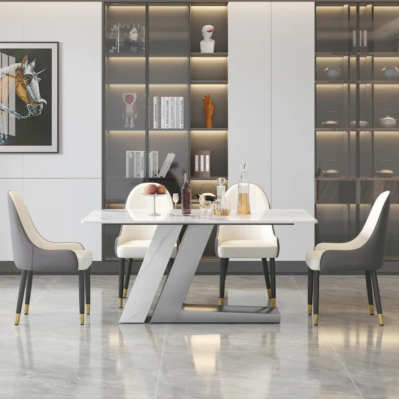 Modern Slate Kitchen Dining Table with White Rectangle Sintered Stone Top and Metal Legs -- 63/71/79