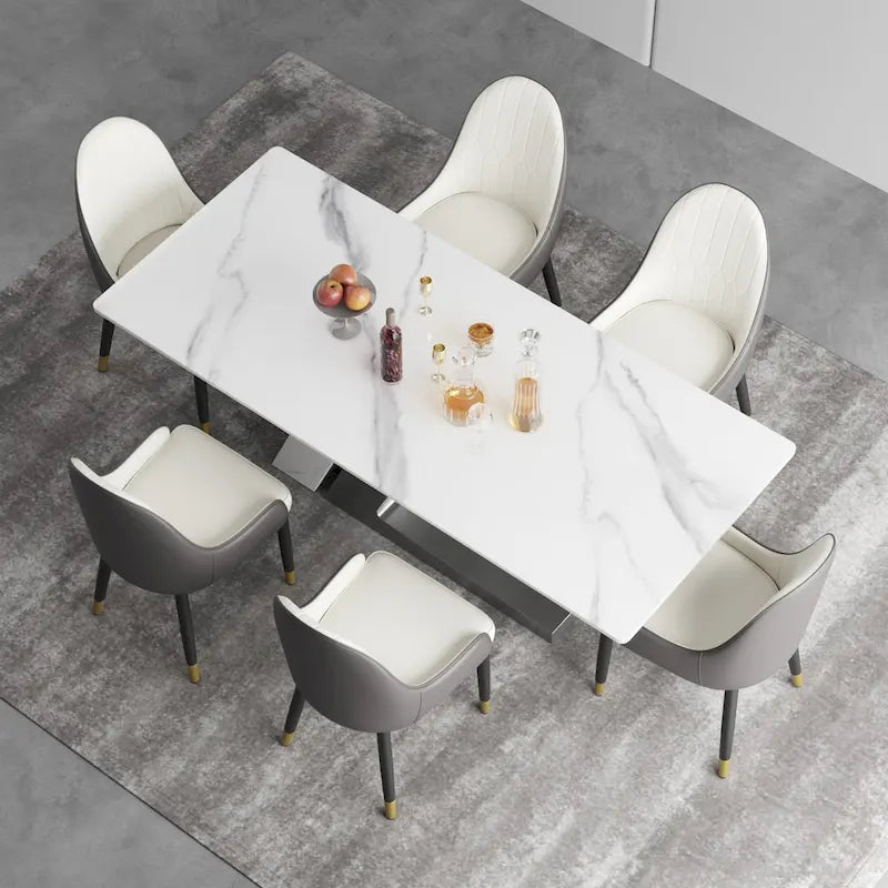 Modern Slate Kitchen Dining Table with White Rectangle Sintered Stone Top and Metal Legs -- 63/71/79