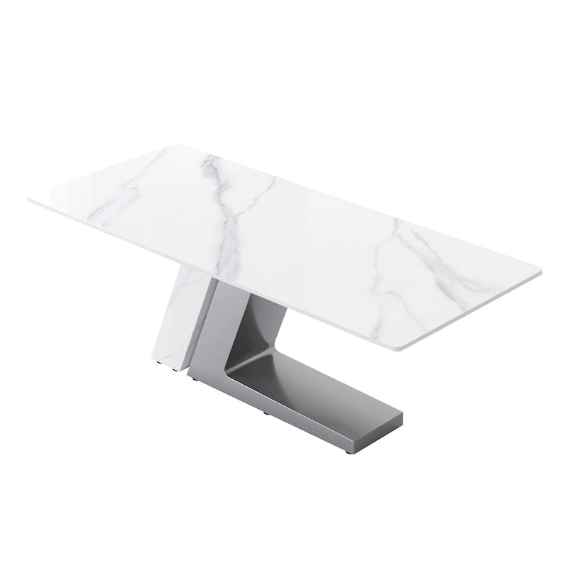 Modern Slate Kitchen Dining Table with White Rectangle Sintered Stone Top and Metal Legs -- 63/71/79