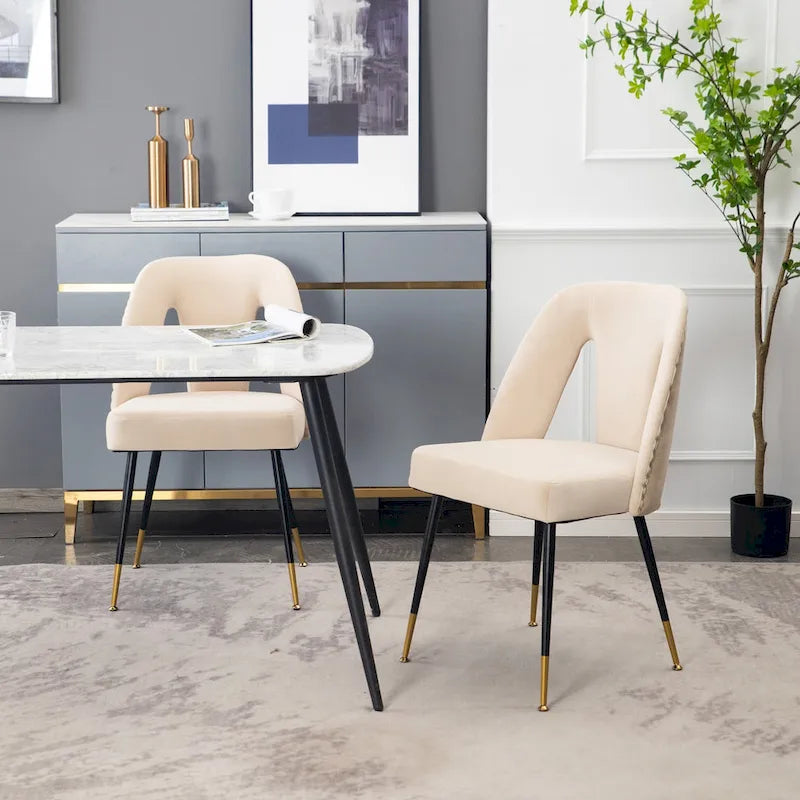 Set of 2 Velvet Upholstered Dining Chair with Nailheads and Metal Legs