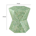 20 Inch Stool Table, Capiz Shell Inlay, Hexagonal Geometric Design, Green