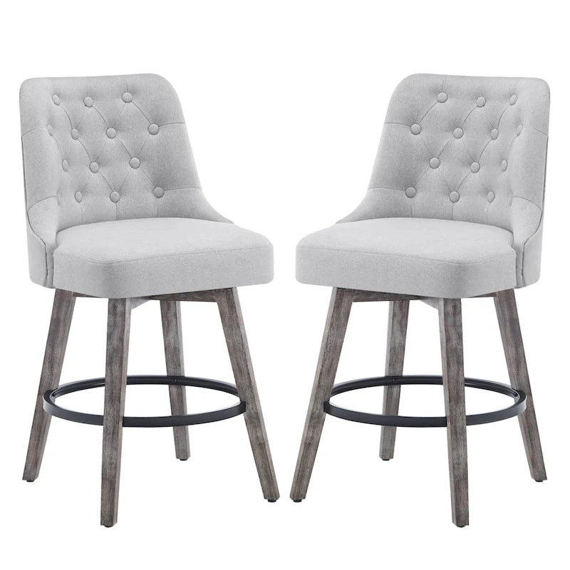 HOMYKA Tufted Swivel Bar Stool with Wood Grain Chair Legs Set of 2