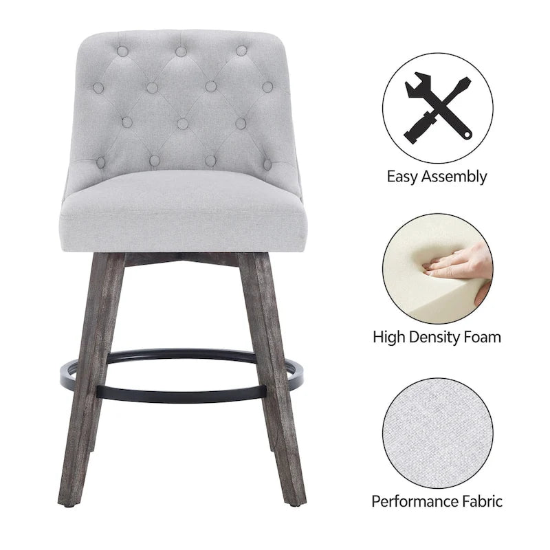 HOMYKA Tufted Swivel Bar Stool with Wood Grain Chair Legs Set of 2