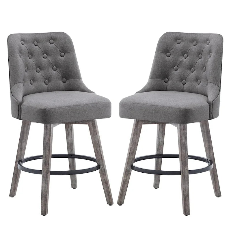 HOMYKA Tufted Swivel Bar Stool with Wood Grain Chair Legs Set of 2