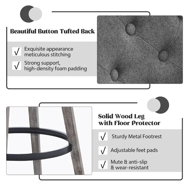 HOMYKA Tufted Swivel Bar Stool with Wood Grain Chair Legs Set of 2