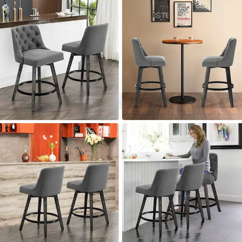 HOMYKA Tufted Swivel Bar Stool with Wood Grain Chair Legs Set of 2
