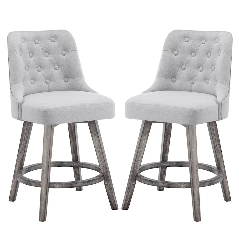 HOMYKA Tufted Swivel Bar Stool with Wood Grain Chair Legs Set of 2