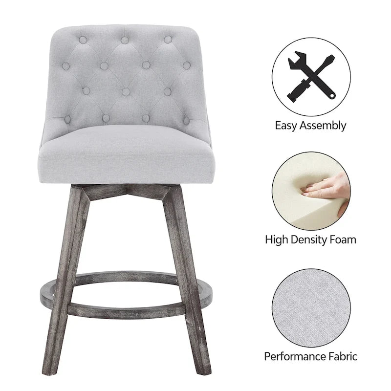 HOMYKA Tufted Swivel Bar Stool with Wood Grain Chair Legs Set of 2