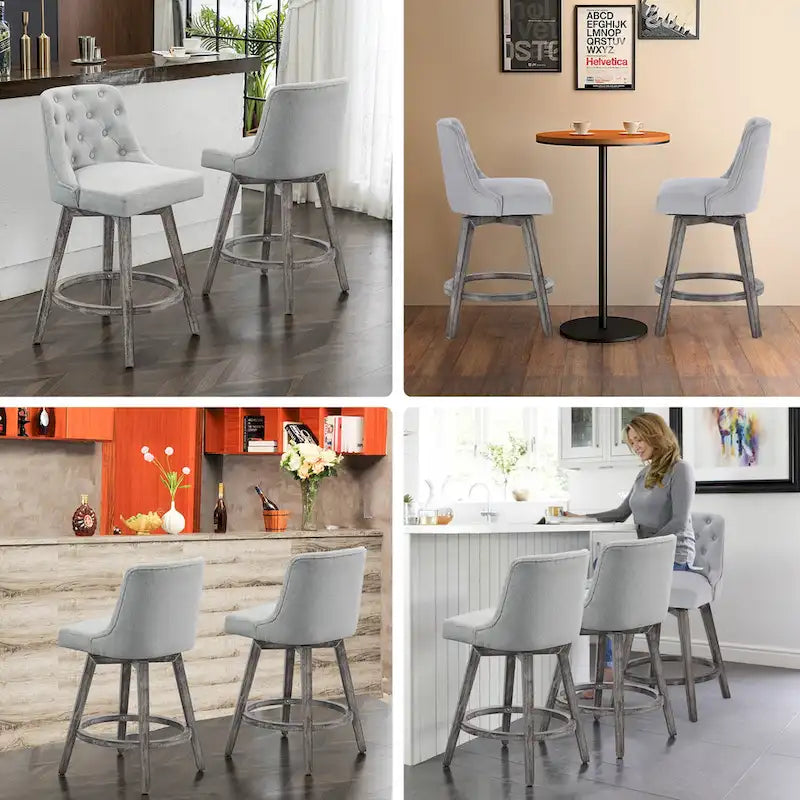 HOMYKA Tufted Swivel Bar Stool with Wood Grain Chair Legs Set of 2