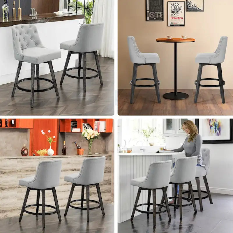 HOMYKA Tufted Swivel Bar Stool with Wood Grain Chair Legs Set of 2