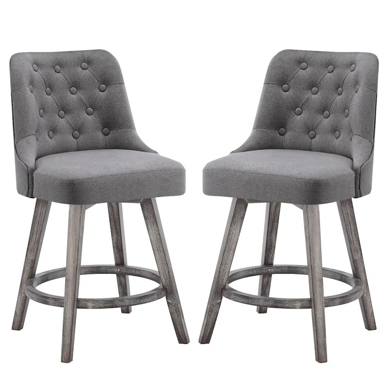 HOMYKA Tufted Swivel Bar Stool with Wood Grain Chair Legs Set of 2