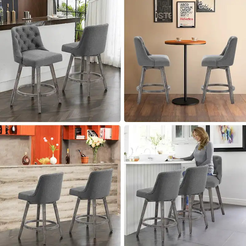 HOMYKA Tufted Swivel Bar Stool with Wood Grain Chair Legs Set of 2