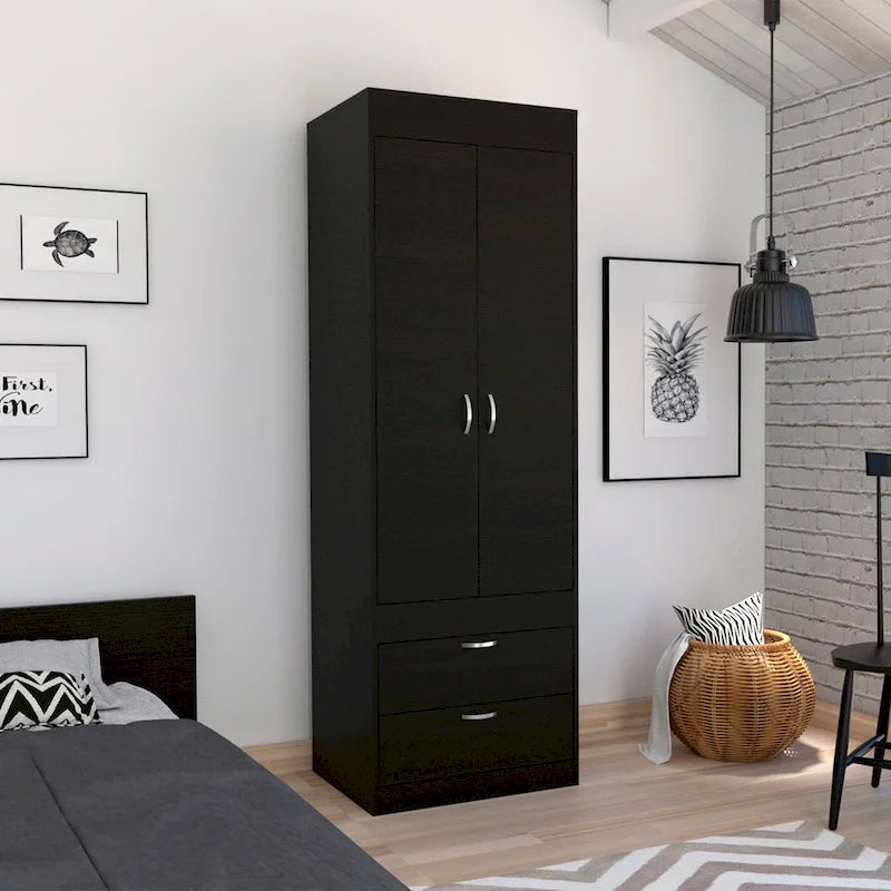 TUHOME Lisboa Armoire with Double Doors, 2 Drawers, and Hanging Rod