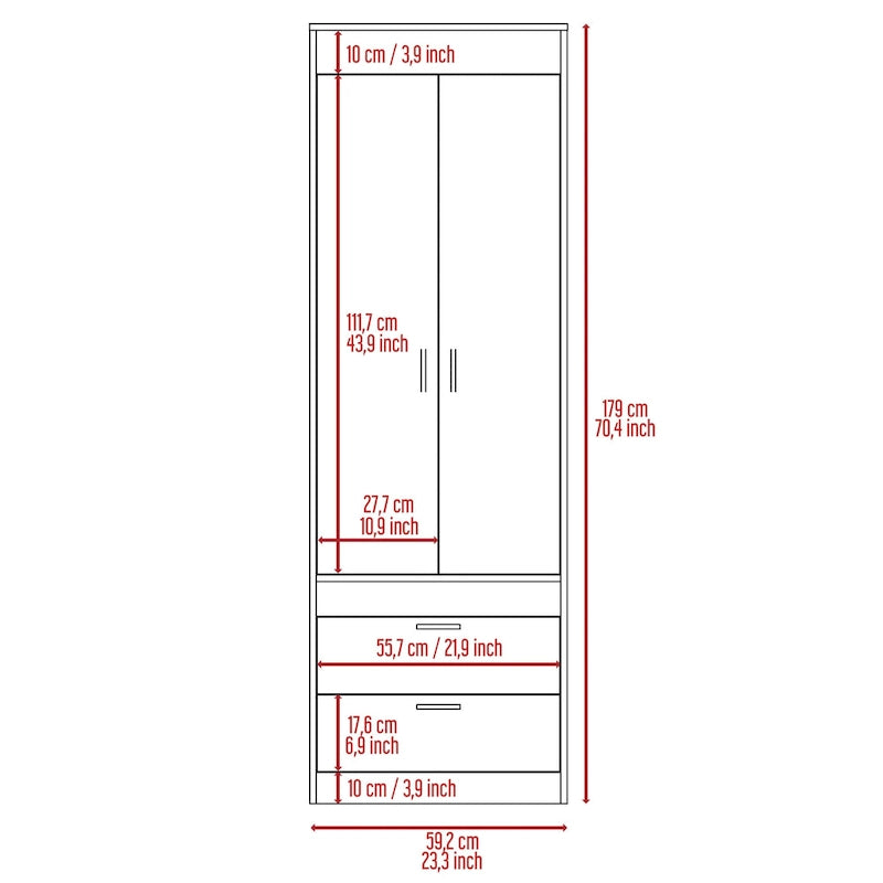 TUHOME Lisboa Armoire with Double Doors, 2 Drawers, and Hanging Rod