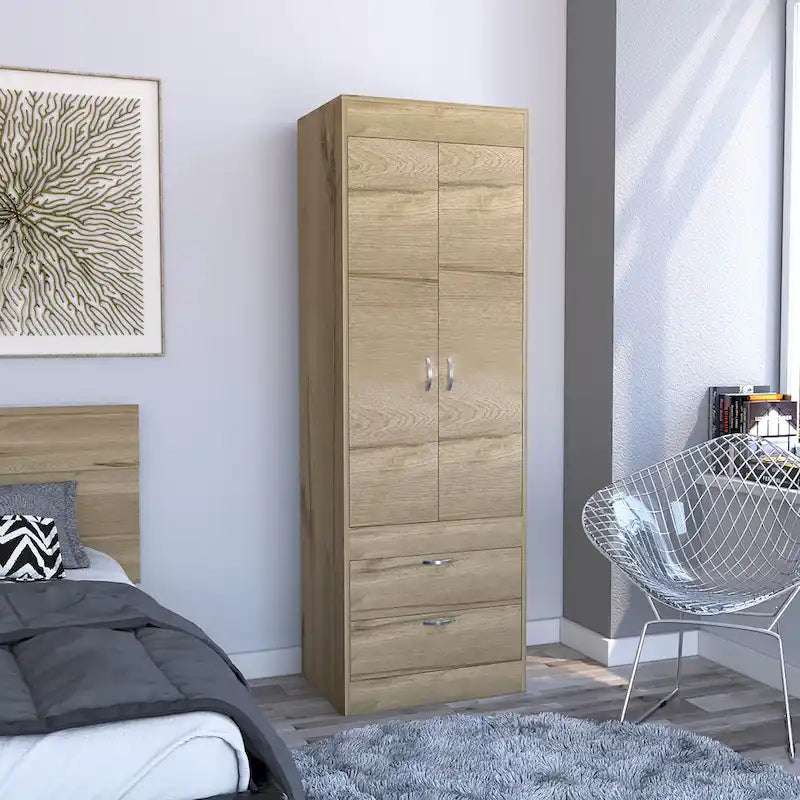 TUHOME Lisboa Armoire with Double Doors, 2 Drawers, and Hanging Rod