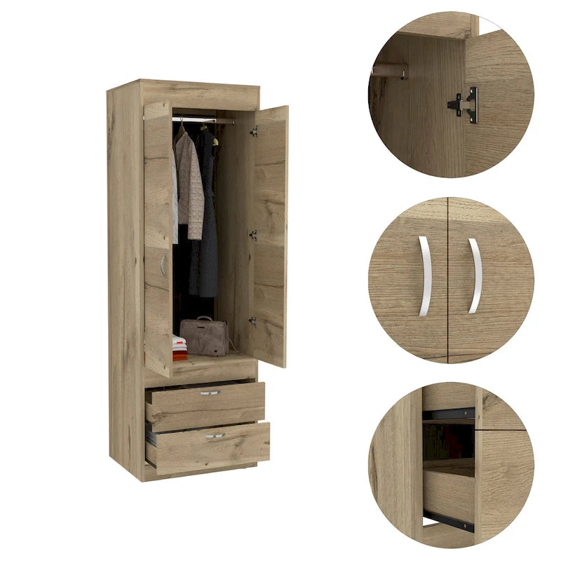 TUHOME Lisboa Armoire with Double Doors, 2 Drawers, and Hanging Rod