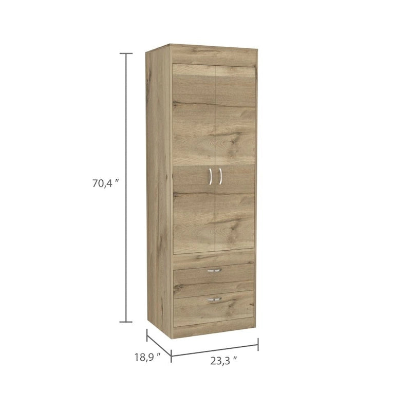 TUHOME Lisboa Armoire with Double Doors, 2 Drawers, and Hanging Rod