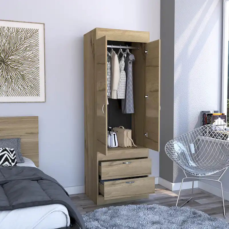 TUHOME Lisboa Armoire with Double Doors, 2 Drawers, and Hanging Rod