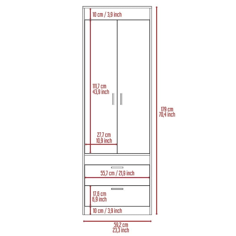 TUHOME Lisboa Armoire with Double Doors, 2 Drawers, and Hanging Rod