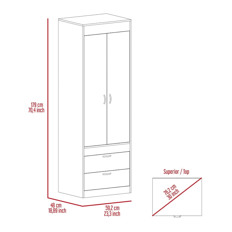 TUHOME Lisboa Armoire with Double Doors, 2 Drawers, and Hanging Rod