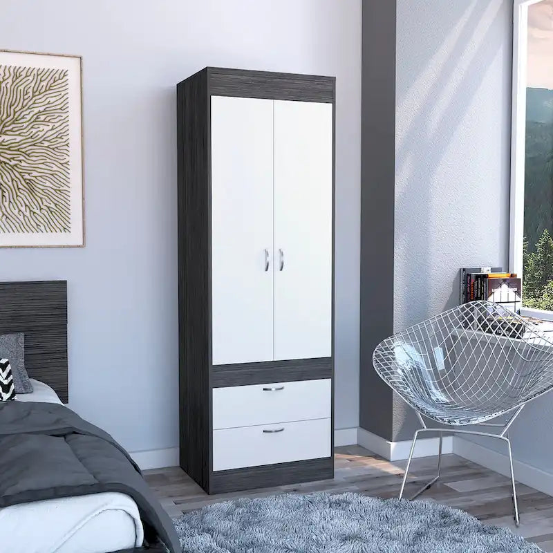 TUHOME Lisboa Armoire with Double Doors, 2 Drawers, and Hanging Rod