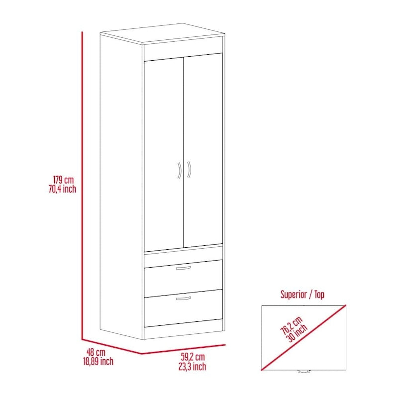 TUHOME Lisboa Armoire with Double Doors, 2 Drawers, and Hanging Rod