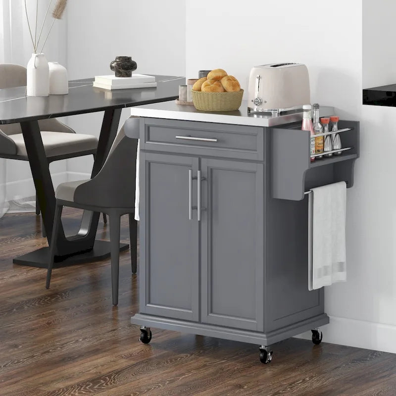 HOMCOM Kitchen Island on Wheels, Rolling Kitchen Cart with Stainless Steel Countertop, Drawer, Gray