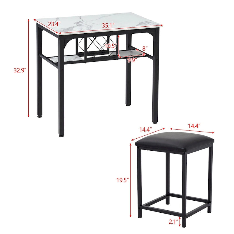 3 Piece Dining Room Table Set, Counter Height Dining Set Faux Marble Table w/ Wine Rack 2 Chairs Kitchen