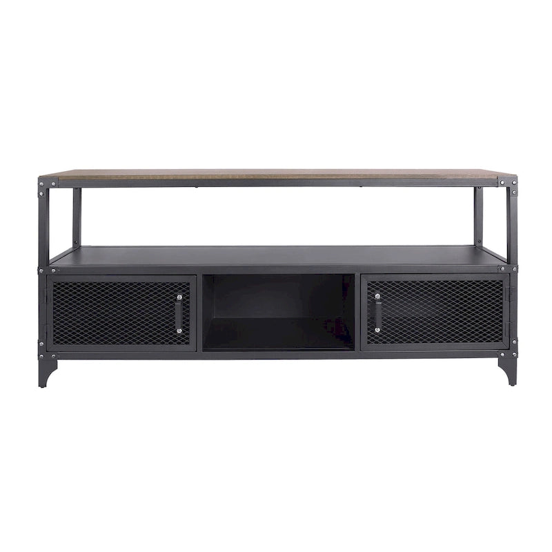 Conner Rustic Black and Dark Walnut 70-inch Steel 2-Shelf TV Console by Furniture of America