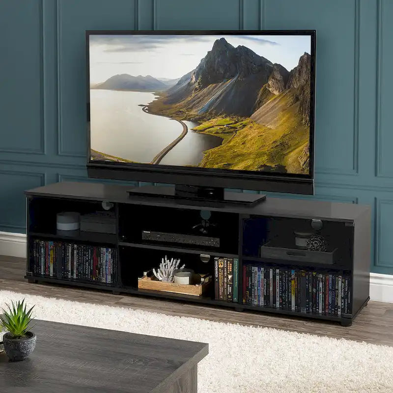 Fiji Black TV Stand with Glass Doors, For TVs up to 85 Inches