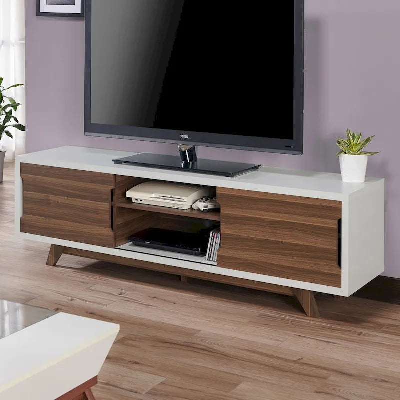 DH BASIC Mid-Century Modern White and Walnut 62-inch Wide 6-Shelf TV Stand by Denhour