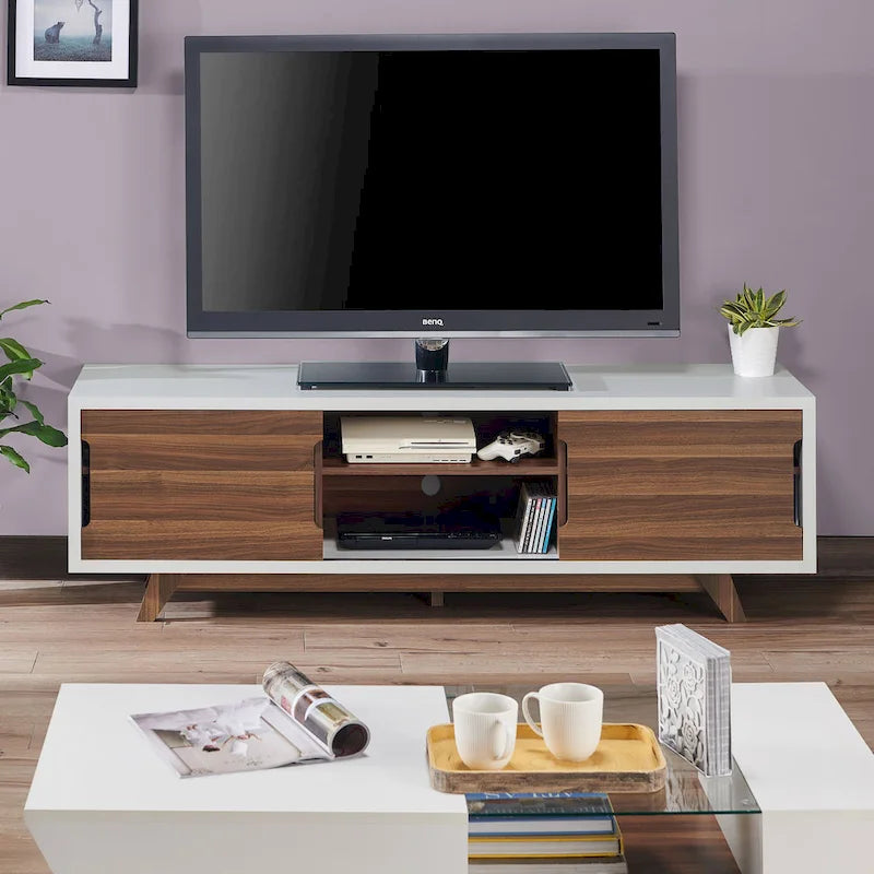 DH BASIC Mid-Century Modern White and Walnut 62-inch Wide 6-Shelf TV Stand by Denhour