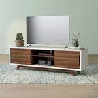 DH BASIC Mid-Century Modern White and Walnut 62-inch Wide 6-Shelf TV Stand by Denhour